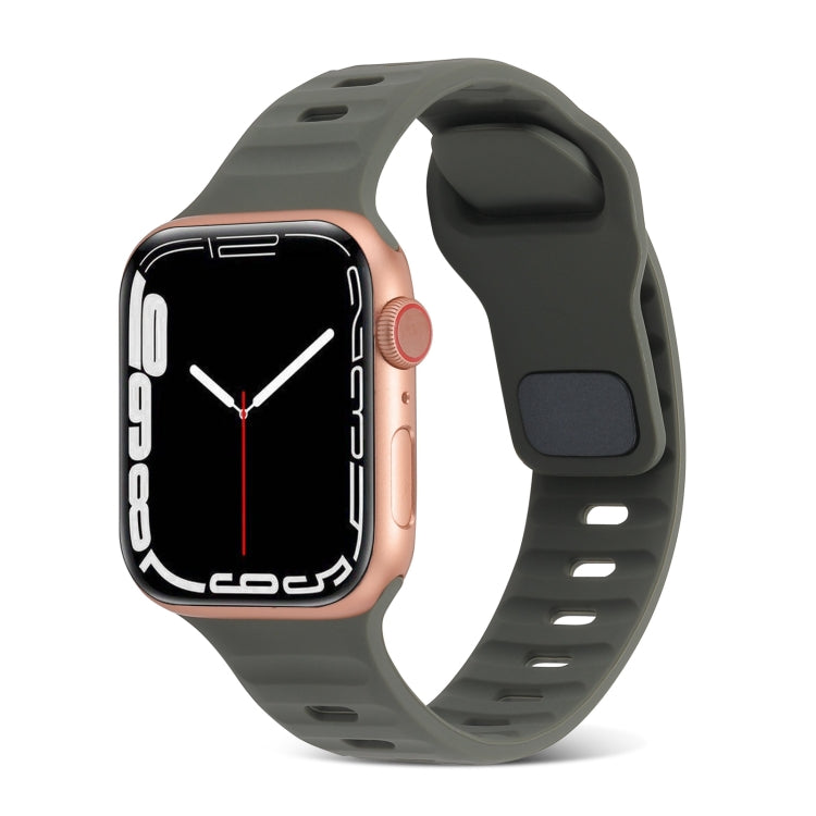 Dark green silicone watch band with square buckle and striped texture