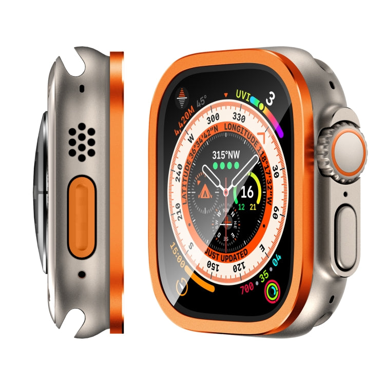 Orange watch frame and tempered film with side cutouts for buttons on 49mm watch