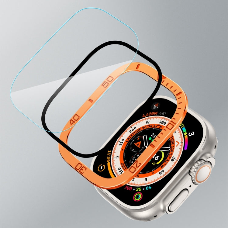 Orange metal frame tempered film for Apple Watch 49mm, rounded glass overlay