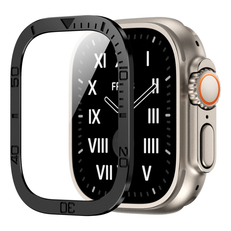 Black metal frame tempered screen protector for Apple Watch 49mm, curved glass cover