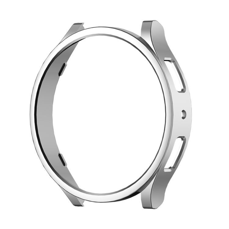 Polished silver PC protective watch case with open design for round smartwatch.