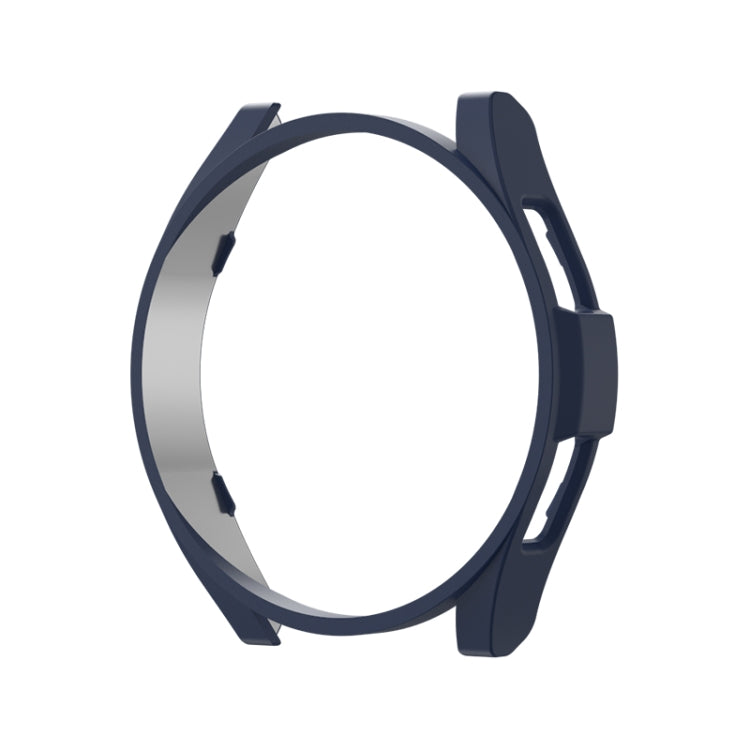 Dark navy open-frame protective watch case for round smartwatch, with side cutouts.