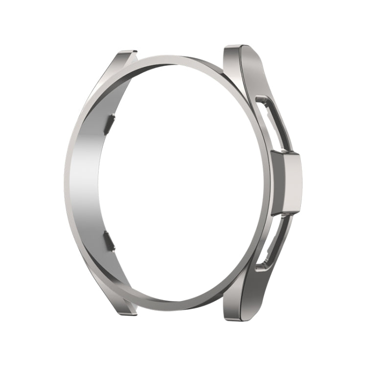 Metallic silver protective watch case with open sides for a round smartwatch.
