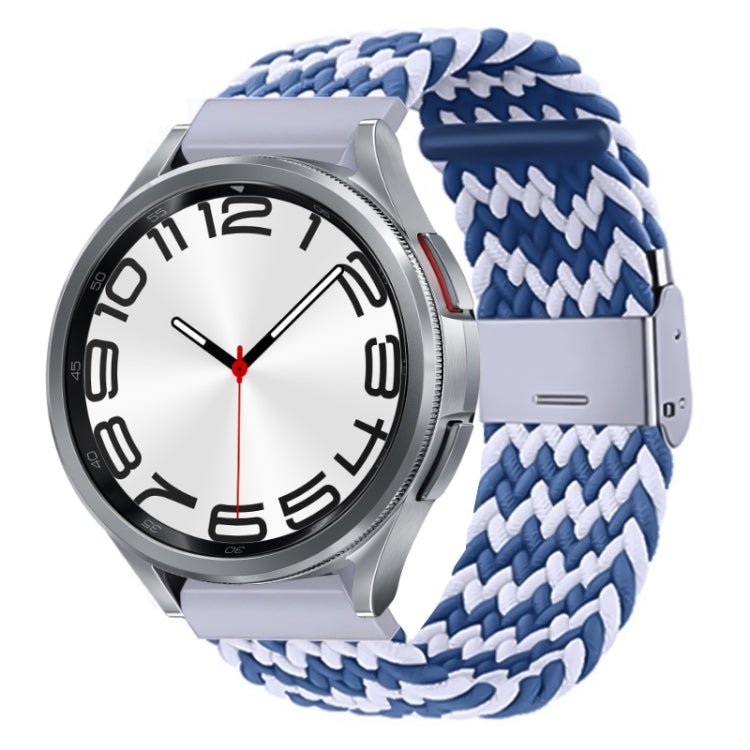 Nylon braided watch band with silver buckle, blue and white braided weave