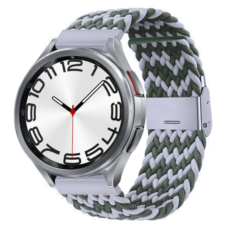 Nylon braided watch band with silver buckle, gray and light green braided weave