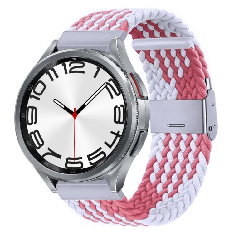 Braided nylon watch band with metal buckle, white and pink knit weave