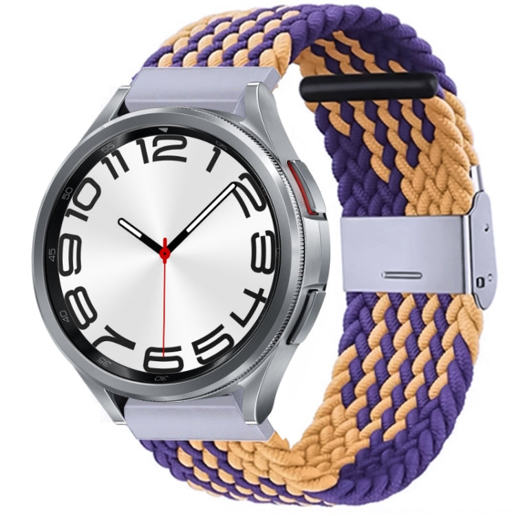 Braided nylon watch band with metal buckle, purple and tan braided weave