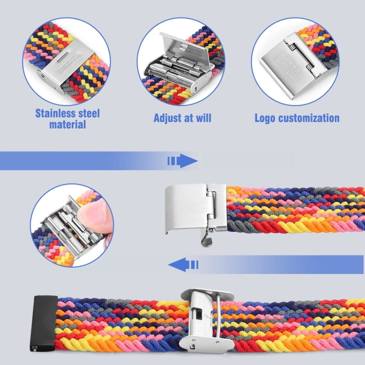 Multicolor nylon braided watch band with silver metal buckle clasp, close-up detail.