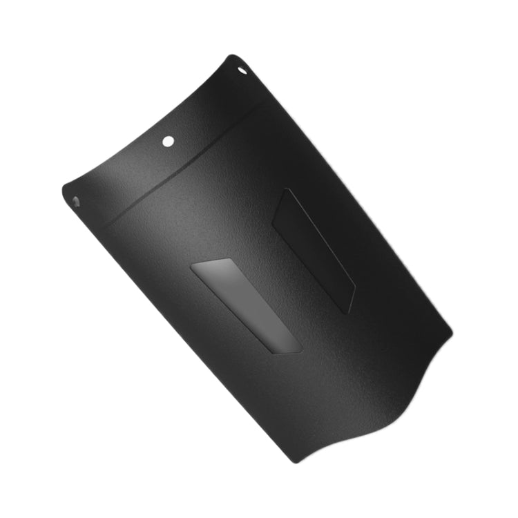 Black motorcycle front fender splash flap guard with two rectangular molded openings