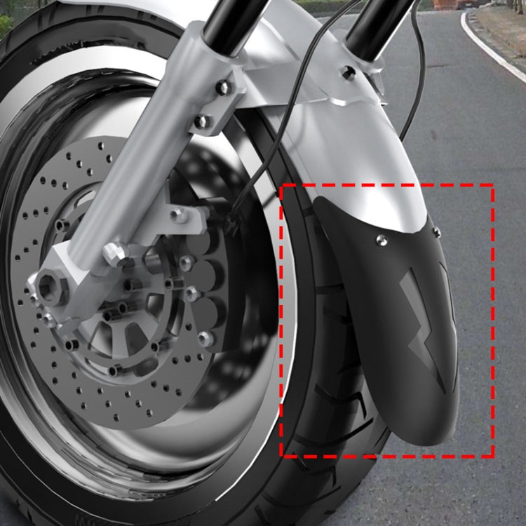 Black front fender mudguard splash flap installed on motorcycle wheel