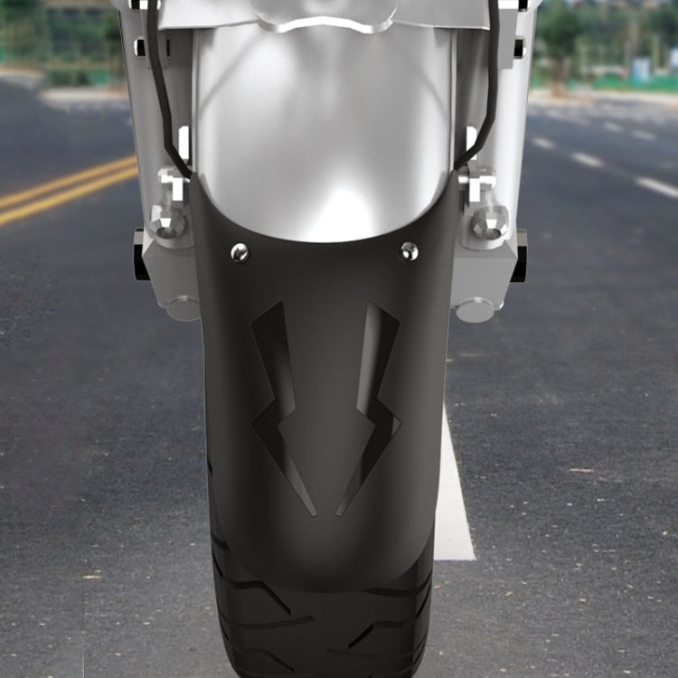 Black front wheel fender splash flap mounted on motorcycle, vented cutout design