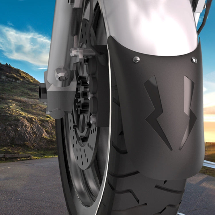 Black front fender guard splash flap installed on motorcycle front wheel area