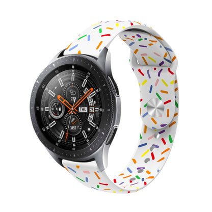 White silicone watch band with multicolor rainbow dots and metal connector pin