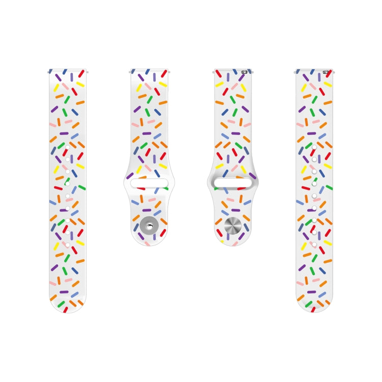 Set of white silicone watch bands with multicolor rainbow dot patterns and metal pin ends