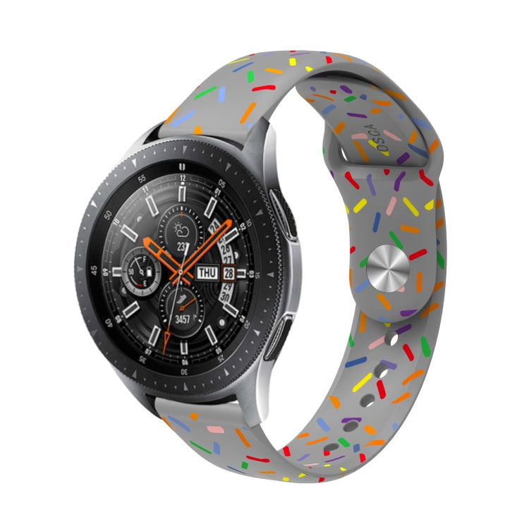 White silicone watch band with multicolor rainbow dots and round metal connector
