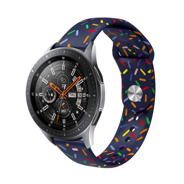 Navy silicone watch band with multicolor rainbow dots and round metal connector