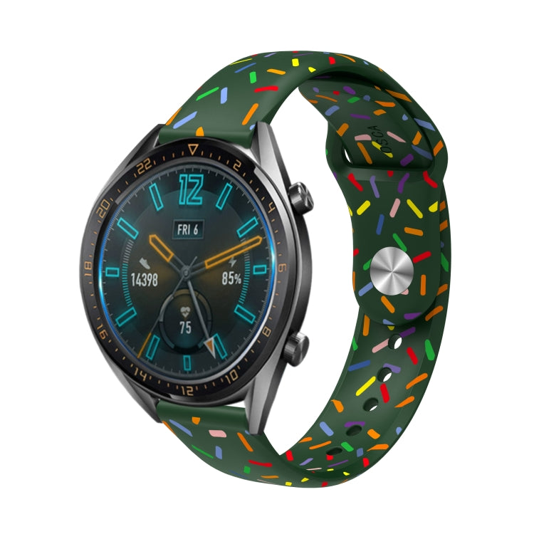 Green silicone watch band with multicolor rainbow dots and round metal connector