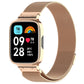 Rose gold Milan metal watch band with protective frame, smartwatch shown