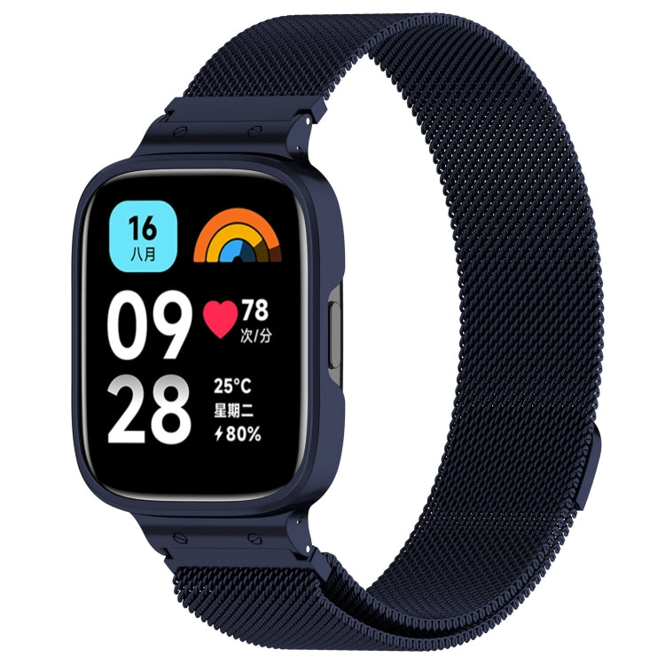Midnight blue Milan metal watch band with protective frame, smartwatch shown