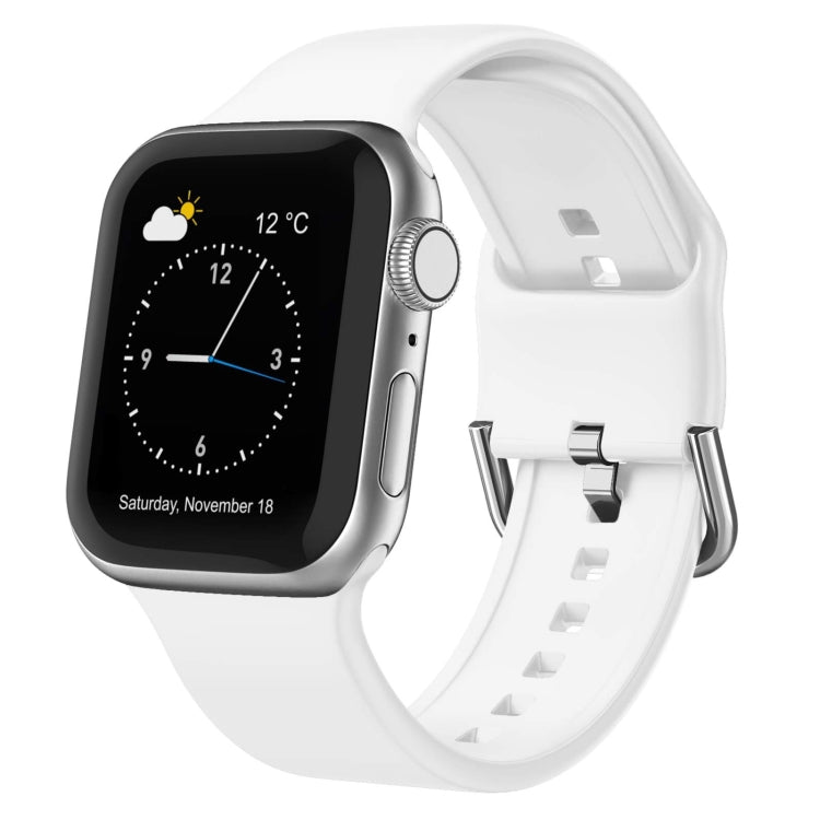 White silicone watch band with pin buckle, perforated strap and clasp.