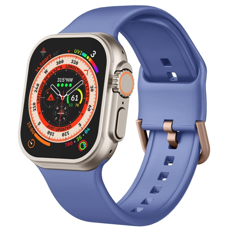 Medium blue silicone pin-buckle watch band with perforated strap and adjustable clasp