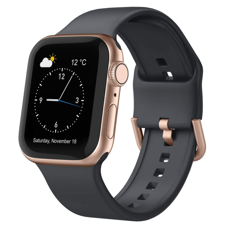Black silicone pin-buckle watch band with rose-gold toned buckle accents