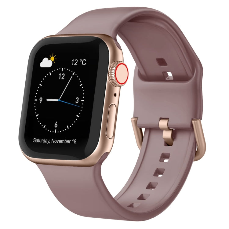 Mauve pink silicone watch band with pin buckle, compatible Apple Watch.
