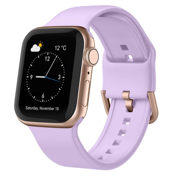 Lavender silicone watch band with pin buckle, compatible Apple Watch.