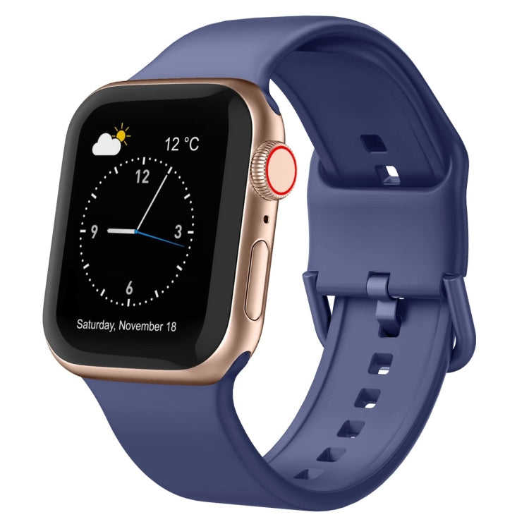 Royal blue silicone watch band with pin buckle; perforated strap and rose-gold tone clasp
