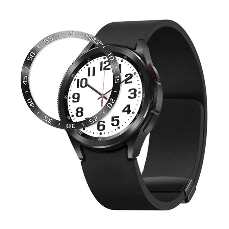 Protective watch frame ring in black with silver bezel scale