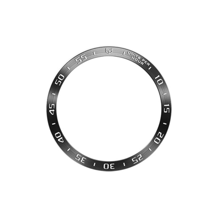 Protective watch frame ring with black bezel and raised steel edge