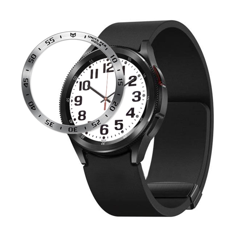 Protective watch frame ring in black with silver bezel and marker ticks