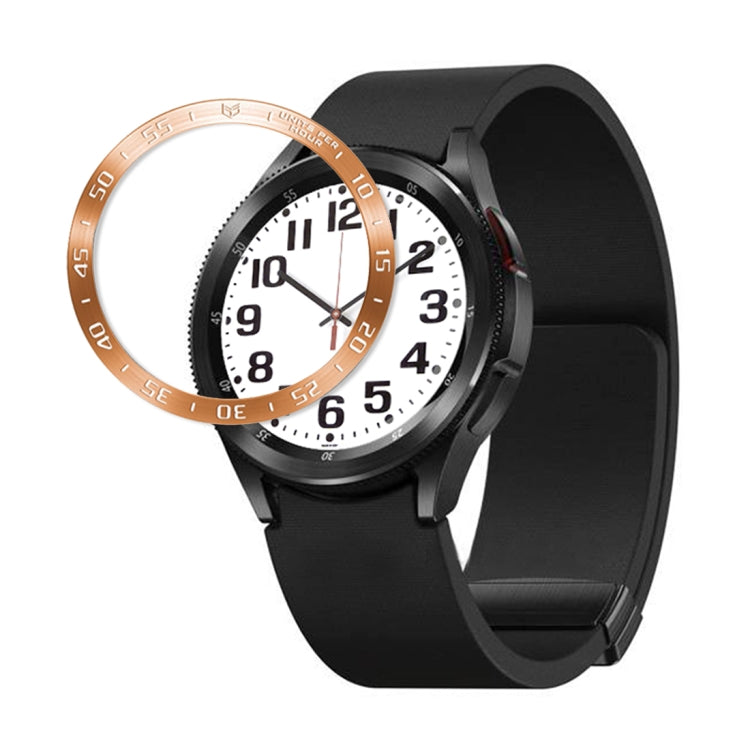 Protective watch frame ring in black with rose-gold bezel scale
