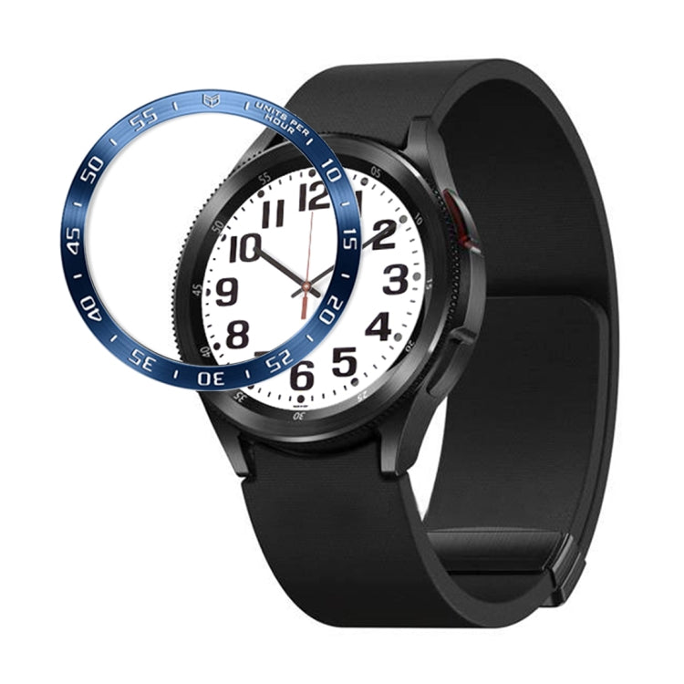 Protective watch frame ring in black with blue bezel scale