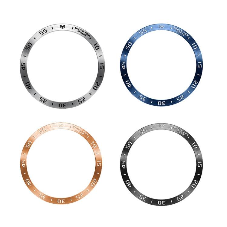 Set of protective bezel ring frames in rose gold, blue, silver, and black