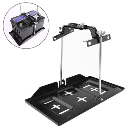Adjustable car battery bracket with black base tray, twin threaded rods, and terminal + covers
