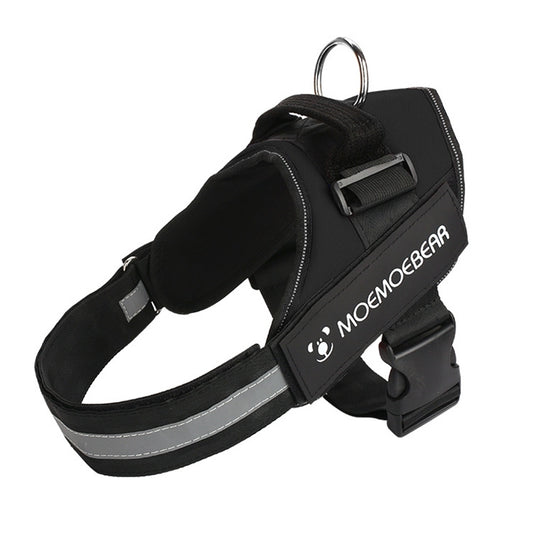 Pet dog chest harness with black body, front D-ring and reflective stripe
