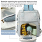 Light blue mommy backpack open bottom compartment with bottles in separated pockets.