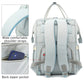 Large light gray baby care backpack with blue accents, front pockets, and adjustable shoulder straps