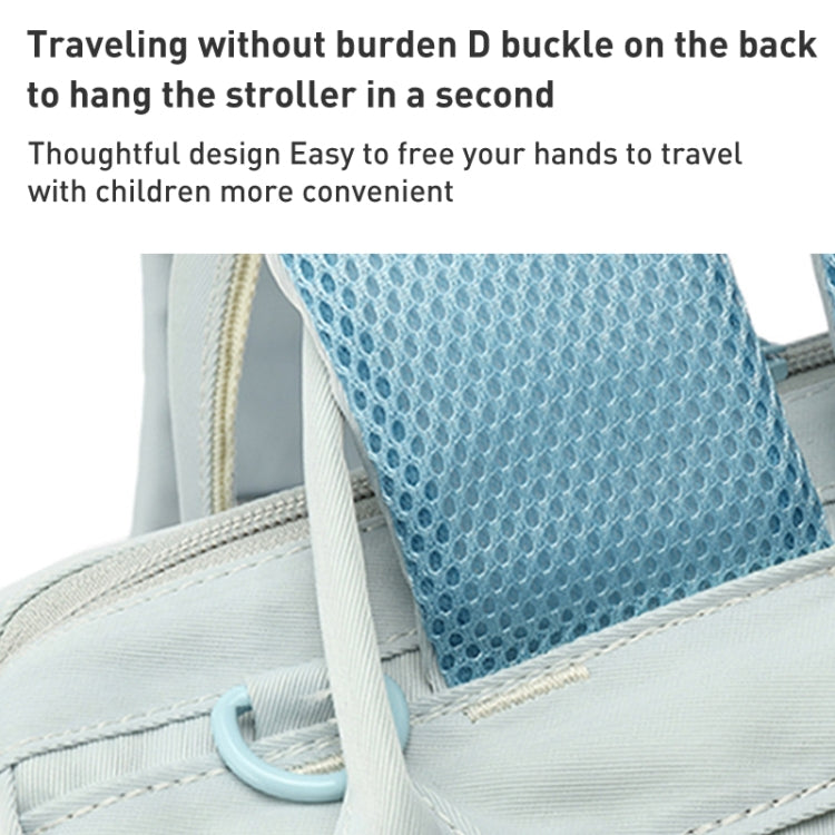 Baby care backpack detail with blue mesh back panel and padded shoulder strap