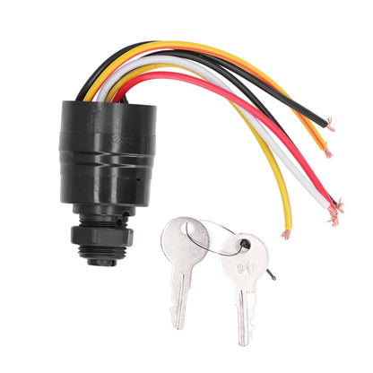 12V ignition key switch with black housing, multicolor wires, two keys
