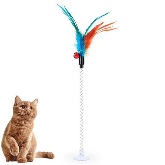 Cat feather stick toy with spring and suction cup, teal and orange feathers