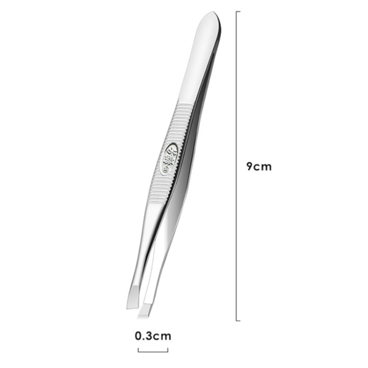 Stainless steel eyebrow tweezer with slim angled tip and ridged grip