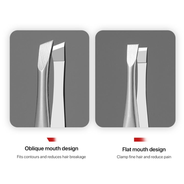 Stainless steel tweezer tips showing angled and flat gripping edges