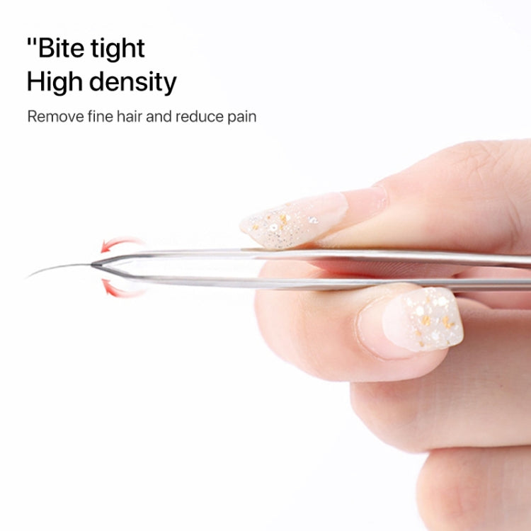 Stainless steel tweezers pinching hair at the pointed tip, held in hand