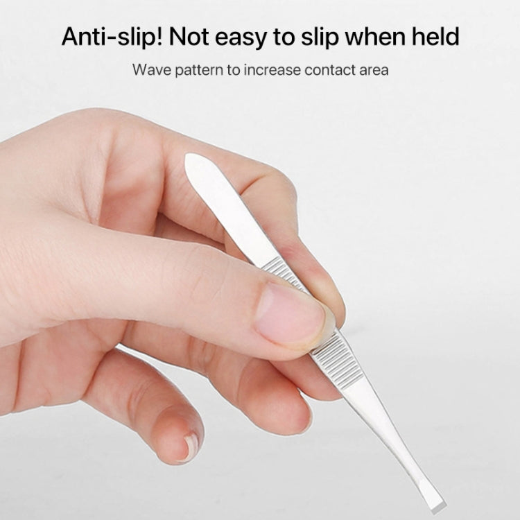 Stainless steel eyebrow tweezer with ridged anti-slip handle and pointed tip
