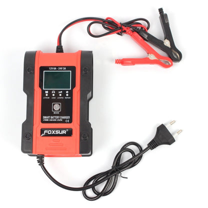 AGM battery charger with LCD display, red-and-black body, and clamp leads