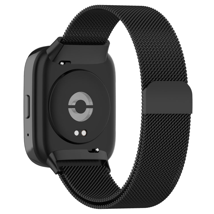 Black metal mesh watch band with clasp, smartwatch side view