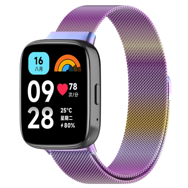 Purple gradient metal mesh watch band with clasp, paired with a smartwatch