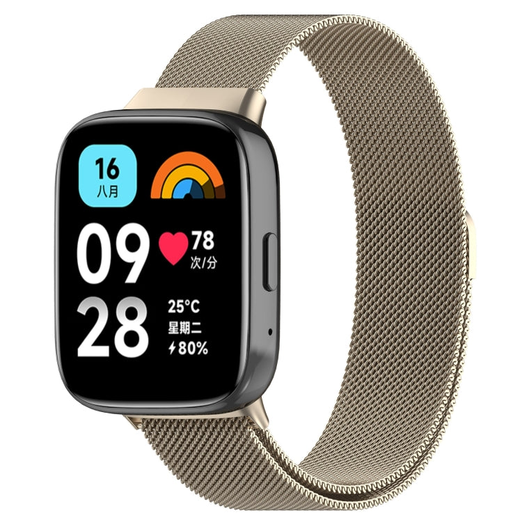 Starlight metal mesh watch band with clasp, paired with a smartwatch